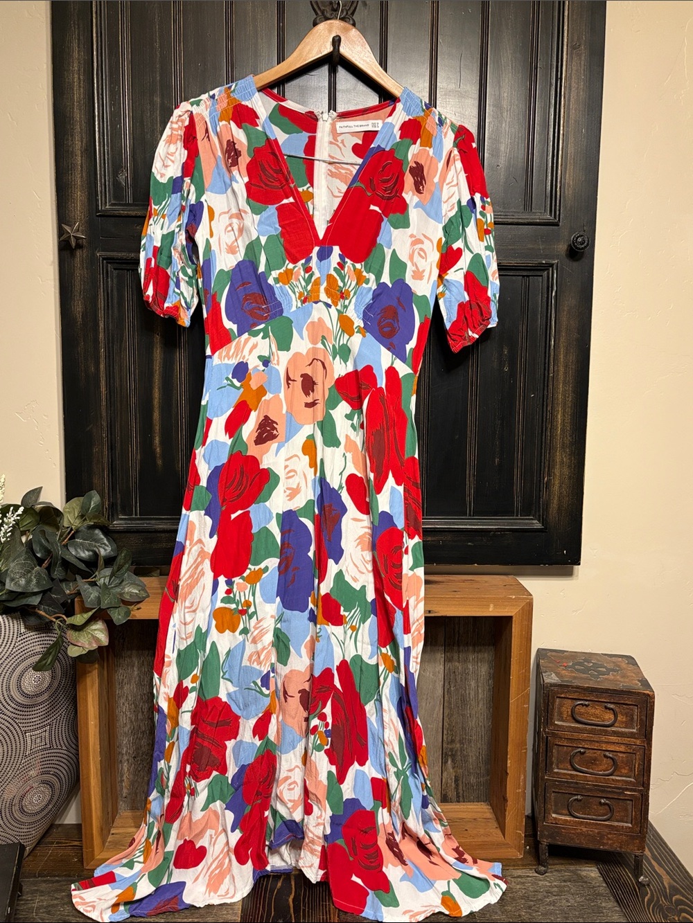 Faithfull the Brand Red Multi Floral V-Neck Maxi Dress with Puff Sleeves